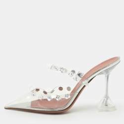 Pre Owned Amina Muaddi Transperent PVC Crystal Embellished Julia Mule Sandals Size 38.5