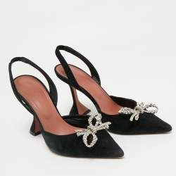 Pre Owned Amina Muaddi Black Suede Begum Crystal-Embellished Slingback Pumps Size 39