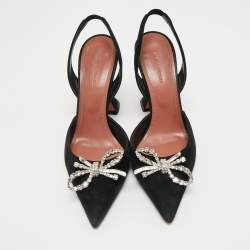 Pre Owned Amina Muaddi Black Suede Begum Crystal-Embellished Slingback Pumps Size 39