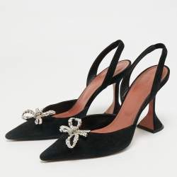 Pre Owned Amina Muaddi Black Suede Begum Crystal-Embellished Slingback Pumps Size 39