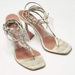 Pre Owned Amina Muaddi Cream/Beige Water Snakes and PVC Zula Sandals Size 37.5