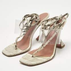 Pre Owned Amina Muaddi Cream/Beige Water Snakes and PVC Zula Sandals Size 37.5