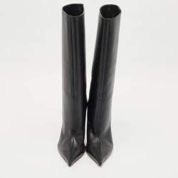 Pre Owned Amina Muaddi Black Leather Mid Calf Boots Size 39