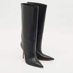 Pre Owned Amina Muaddi Black Leather Mid Calf Boots Size 39