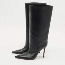 Pre Owned Amina Muaddi Black Leather Mid Calf Boots Size 39