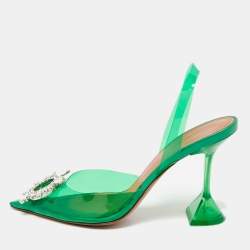 Pre Owned Amina Muaddi Green PVC Begum Crystal-Embellished Slingback Pumps Size 38.5