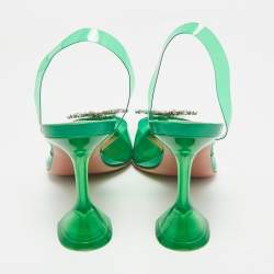 Pre Owned Amina Muaddi Green PVC Begum Crystal-Embellished Slingback Pumps Size 38.5