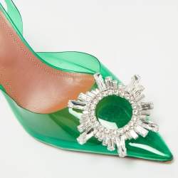 Pre Owned Amina Muaddi Green PVC Begum Crystal-Embellished Slingback Pumps Size 38.5