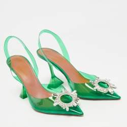 Pre Owned Amina Muaddi Green PVC Begum Crystal-Embellished Slingback Pumps Size 38.5