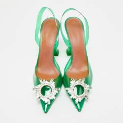 Pre Owned Amina Muaddi Green PVC Begum Crystal-Embellished Slingback Pumps Size 38.5