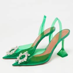 Pre Owned Amina Muaddi Green PVC Begum Crystal-Embellished Slingback Pumps Size 38.5