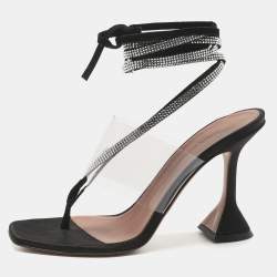 Pre Owned Amina Muaddi Black Satin Zula Crystals Ankle Wrap Sandals Size 38.5
