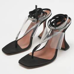 Pre Owned Amina Muaddi Black Satin Zula Crystals Ankle Wrap Sandals Size 38.5