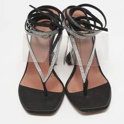 Pre Owned Amina Muaddi Black Satin Zula Crystals Ankle Wrap Sandals Size 38.5