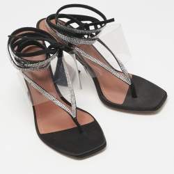 Pre Owned Amina Muaddi Black Satin Zula Crystals Ankle Wrap Sandals Size 38.5
