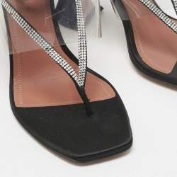 Pre Owned Amina Muaddi Black Satin Zula Crystals Ankle Wrap Sandals Size 38.5