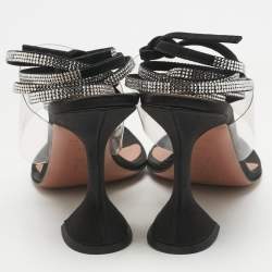 Pre Owned Amina Muaddi Black Satin Zula Crystals Ankle Wrap Sandals Size 38.5