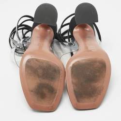 Pre Owned Amina Muaddi Black Satin Zula Crystals Ankle Wrap Sandals Size 38.5