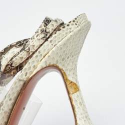 Pre Owned Amina Muaddi Cream/Beige Water Snakes and PVC Zula Sandals Size 38.5