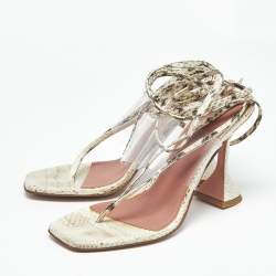 Pre Owned Amina Muaddi Cream/Beige Water Snakes and PVC Zula Sandals Size 38.5