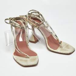 Pre Owned Amina Muaddi Cream/Beige Water Snakes and PVC Zula Sandals Size 38.5