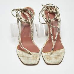 Pre Owned Amina Muaddi Cream/Beige Water Snakes and PVC Zula Sandals Size 38.5