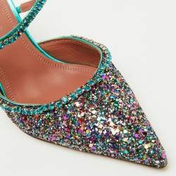 Pre Owned Amina Muaddi Multicolor Glitter Gilda Crystal Embellished Mules Size 38.5