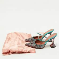 Pre Owned Amina Muaddi Multicolor Glitter Gilda Crystal Embellished Mules Size 38.5