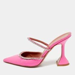 Pre Owned Amina Muaddi Pink Leather  Crystal Embellished Gilda Mules Size 36