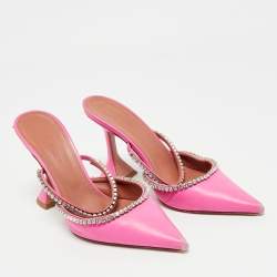 Pre Owned Amina Muaddi Pink Leather  Crystal Embellished Gilda Mules Size 36