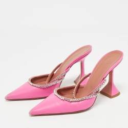 Pre Owned Amina Muaddi Pink Leather  Crystal Embellished Gilda Mules Size 36