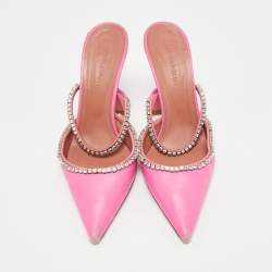 Pre Owned Amina Muaddi Pink Leather  Crystal Embellished Gilda Mules Size 36