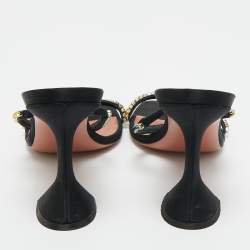 Pre Owned Amina Muaddi Black Crystal Embellished Satin Gilda Slide Sandals Size 38.5