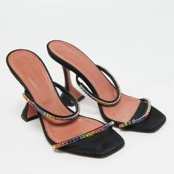Pre Owned Amina Muaddi Black Crystal Embellished Satin Gilda Slide Sandals Size 38.5