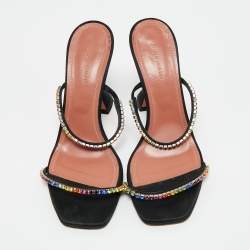 Pre Owned Amina Muaddi Black Crystal Embellished Satin Gilda Slide Sandals Size 38.5