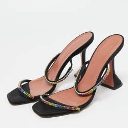 Pre Owned Amina Muaddi Black Crystal Embellished Satin Gilda Slide Sandals Size 38.5