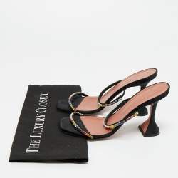 Pre Owned Amina Muaddi Black Crystal Embellished Satin Gilda Slide Sandals Size 38.5