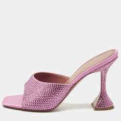 Pre Owned Amina Muaddi Pink Satin Crystal Embellished Lupita Slide Sandals Size 38