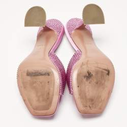 Pre Owned Amina Muaddi Pink Satin Crystal Embellished Lupita Slide Sandals Size 38