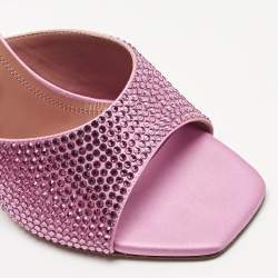 Pre Owned Amina Muaddi Pink Satin Crystal Embellished Lupita Slide Sandals Size 38