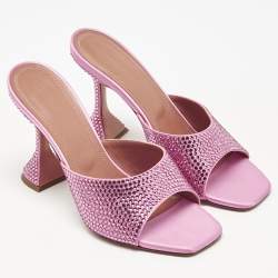 Pre Owned Amina Muaddi Pink Satin Crystal Embellished Lupita Slide Sandals Size 38