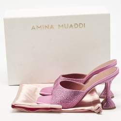 Pre Owned Amina Muaddi Pink Satin Crystal Embellished Lupita Slide Sandals Size 38