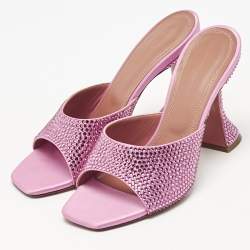 Pre Owned Amina Muaddi Pink Satin Crystal Embellished Lupita Slide Sandals Size 38