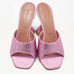 Pre Owned Amina Muaddi Pink Satin Crystal Embellished Lupita Slide Sandals Size 38