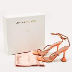 Pre Owned Amina Muaddi Orange Satin Rainbow Crystal Gilda Ankle Strap Sandals Size 38