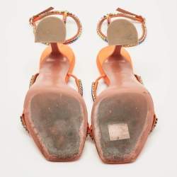 Pre Owned Amina Muaddi Orange Satin Rainbow Crystal Gilda Ankle Strap Sandals Size 38