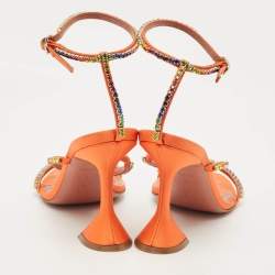 Pre Owned Amina Muaddi Orange Satin Rainbow Crystal Gilda Ankle Strap Sandals Size 38