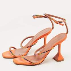 Pre Owned Amina Muaddi Orange Satin Rainbow Crystal Gilda Ankle Strap Sandals Size 38