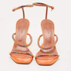 Pre Owned Amina Muaddi Orange Satin Rainbow Crystal Gilda Ankle Strap Sandals Size 38