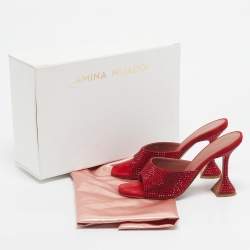 Pre Owned Amina Muaddi Red Suede Crystal Embellished Lupita Slide Sandals Size 38